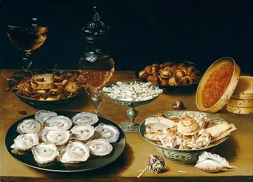 Osias Beert the Elder, Dishes with Oysters, Fruit, and Wine (c. 1620–1625)