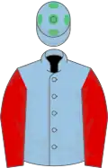 Light blue, red sleeves, light blue cap, emerald green spots