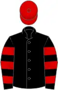 Black, red hoops on sleeves, red cap