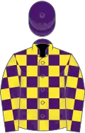 Purple and yellow check, purple cap