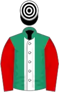 Emerald green, white panel, red sleeves, black and white hooped cap