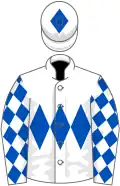 White, royal blue triple diamond, royal blue diamonds on sleeves, royal blue diamond on cap