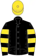 Black, yellow hooped sleeves, yellow cap