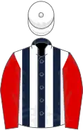 Dark Blue and White stripes, Red sleeves, White cap