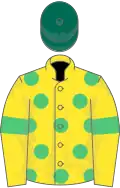 Yellow, emerald green spots and armlets, dark green cap