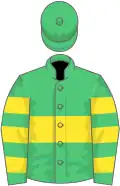 Emerald green, yellow hoop, hooped sleeves, emerald green cap