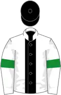 White, black hoop, green armlets, black cap