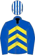 ROYAL BLUE and YELLOW CHEVRONS, royal blue sleeves, white and royal blue striped cap