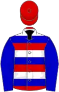 Red, white and blue hoops, blue sleeves, red cap