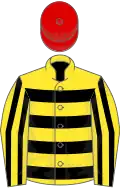 Yellow, black hoops, striped sleeves, red cap