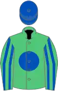 Emerald Green, Royal Blue disc, striped sleeves, Royal Blue cap