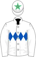 White, royal blue triple diamond, white cap, emerald green star