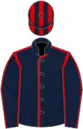 Dark blue, red seams, striped cap