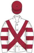 White, maroon cross belts, hooped sleeves, maroon cap