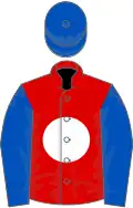 Red, white disc, royal blue sleeves and cap