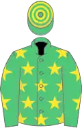 Emerald green, yellow stars, hooped cap
