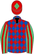 Red and Royal Blue diamonds, Emerald Green and Red striped sleeves, Red cap, Emerald Green diamond