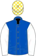 Royal blue, white sleeves, white and yellow check cap
