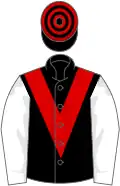 Black, red chevron, white sleeves, black and red hooped cap