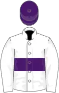 White, purple hoop, purple cap