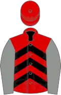 Red and black chevrons, grey sleeves, red cap
