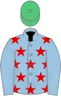 Light blue, red stars, light blue sleeves, emerald green cap