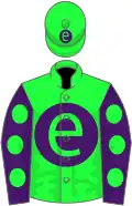 green, purple ball, purple sleeves, green dots, green cap, purple ball