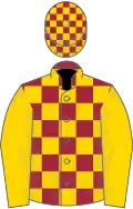 Maroon and gold check, gold sleeves