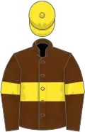 Brown, yellow hoop and armlets, yellow cap
