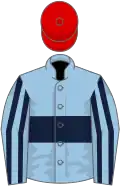Light blue, dark blue hoop, striped sleeves, red cap