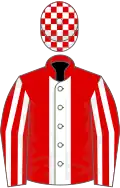 Red, white stripe, striped sleeves, checked cap