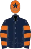 Dark blue, dark blue and orange hooped sleeves, orange cap, dark blue star