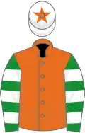 Orange, green and white hooped sleeves, white cap, orange star