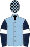 Light blue, dark blue sleeves, white armlets, black and light blue checked cap