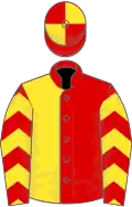 Red and yellow (halved), chevrons on sleeves, quartered cap