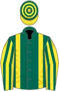 Dark green, yellow braces, yellow and dark green striped sleeves, hooped cap