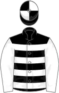 Black and white hoops, white sleeves, quartered cap