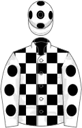 Black and white check, white sleeves, black spots, white cap, black spots
