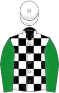Black and white check, green sleeves, white cap