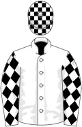 White, black diamonds on sleeves, check cap