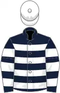 Dark blue and white hoops and armlets, white cap