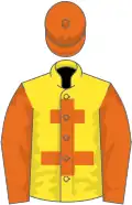 Yellow, orange cross of lorraine, orange sleeves, orange cap