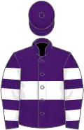 Purple, white hoop, hooped sleeves, purple cap