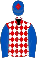 White and red diamonds, blue sleeves, blue cap, red diamond