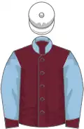 Maroon, light blue sleeves, white cap (unverified)