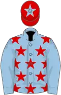 Light blue, red stars, light blue sleeves, red cap, light blue star