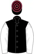 Black, white sleeves, black and maroon hooped cap