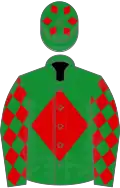 Green, red diamond, diamonds on sleeves and cap