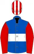 Royal blue, white hoop, red sleeves, white and red striped cap