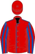 Red, royal blue seams, striped sleeves, red cap